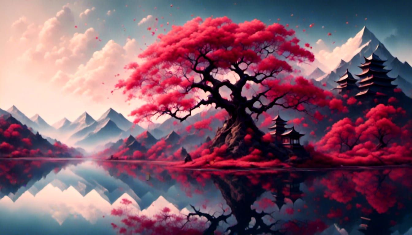 Sakura Tree and Temples: Japanese Landscape