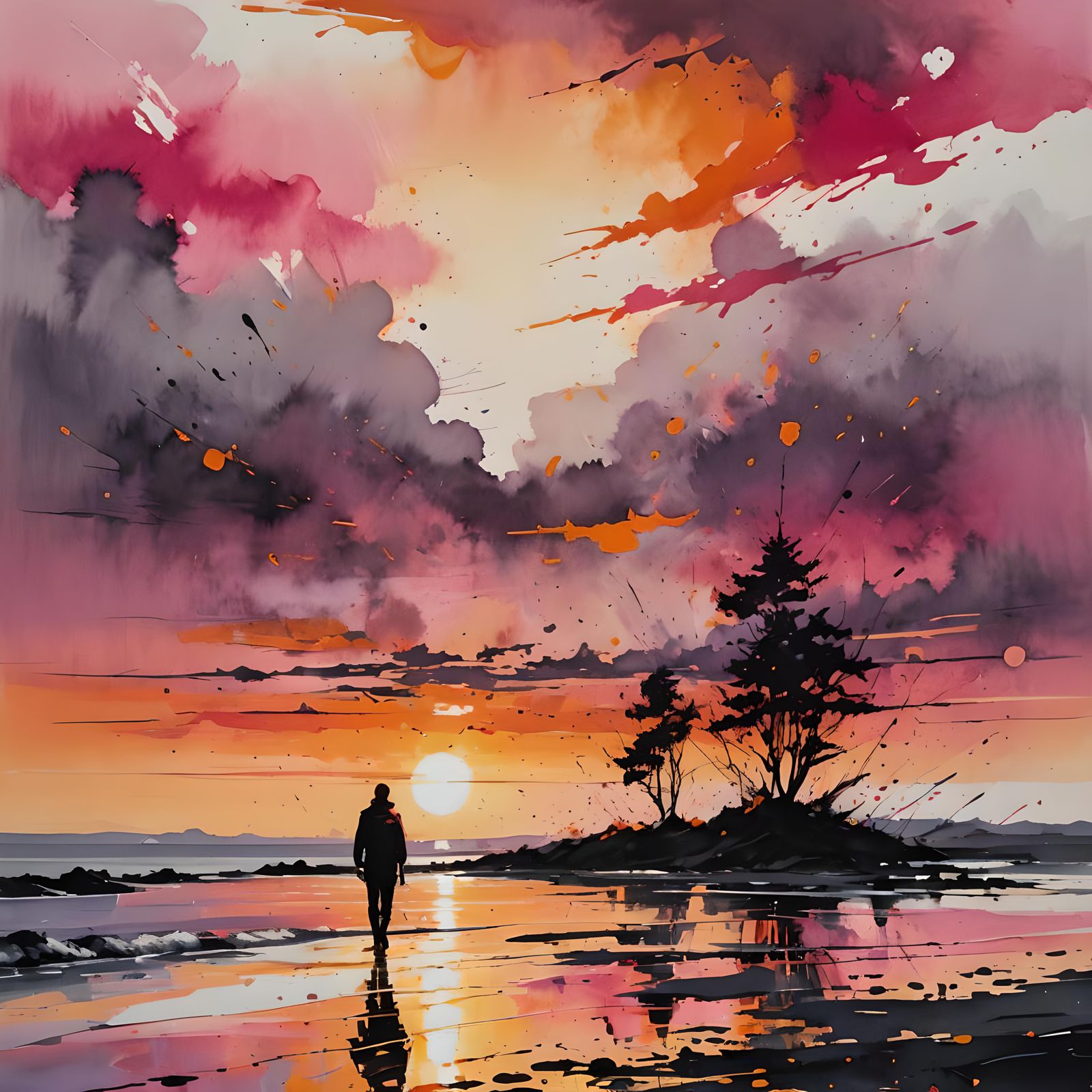 Colorful Ink Splatter Beach Sunset Art