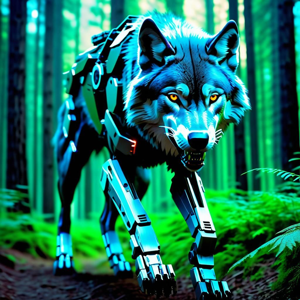 Cybernetic Wolf in Hi-Tech Forest