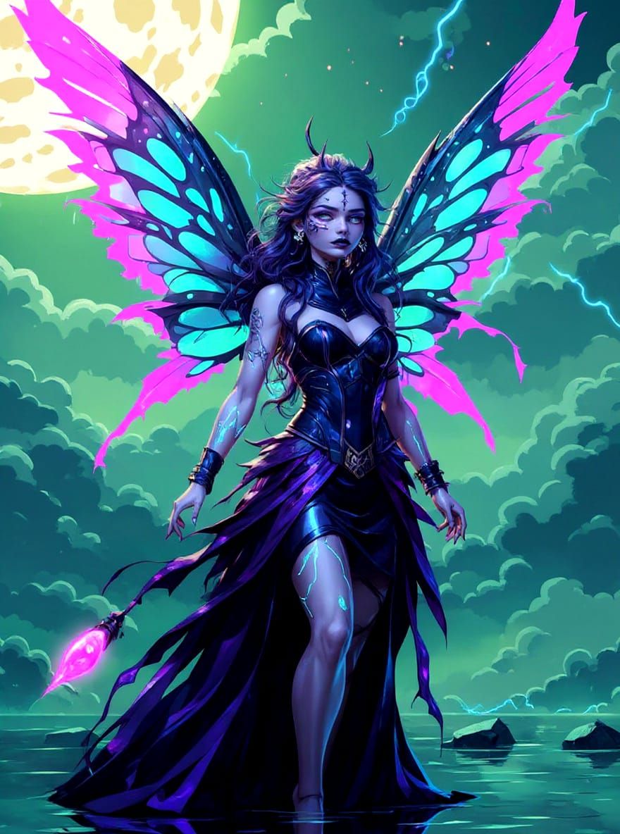 Gothic Fairy in Cemetery with Neon Wings