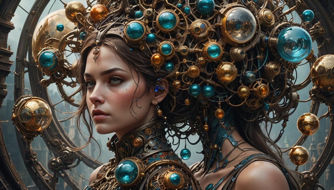 Surreal Woman with Bulb Head in Detailed Painting