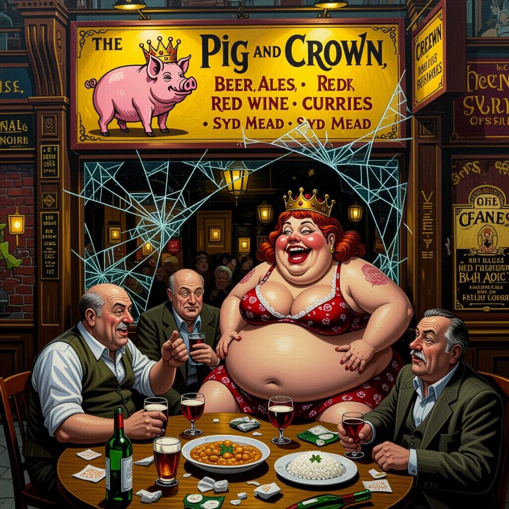 Bustling Gothic Pub Scene with "The Pig and Crown"