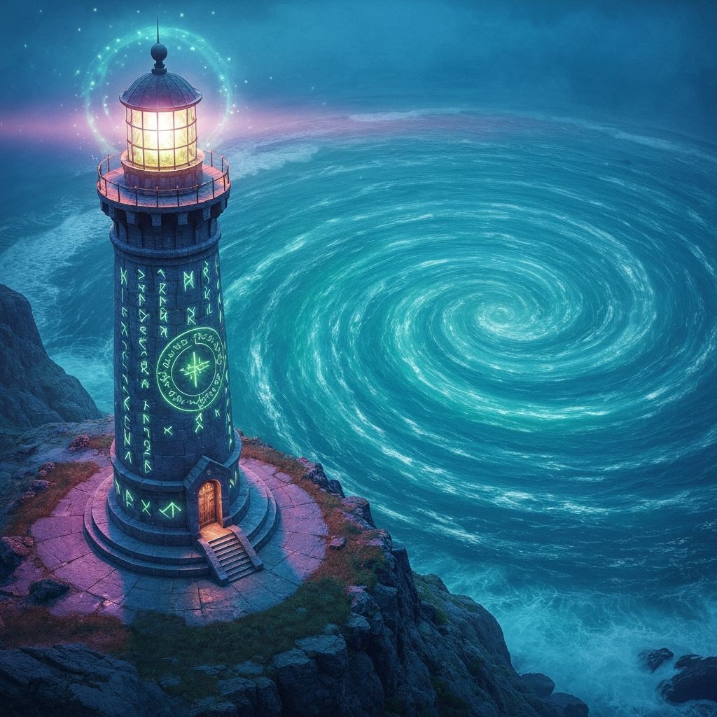Mystical Lighthouse Overlooking Swirling Vortex