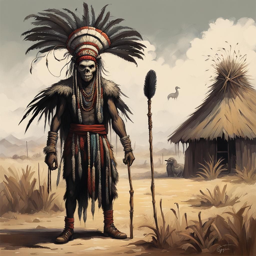 Sinister Witch Doctor with Ostrich Feather Headdress