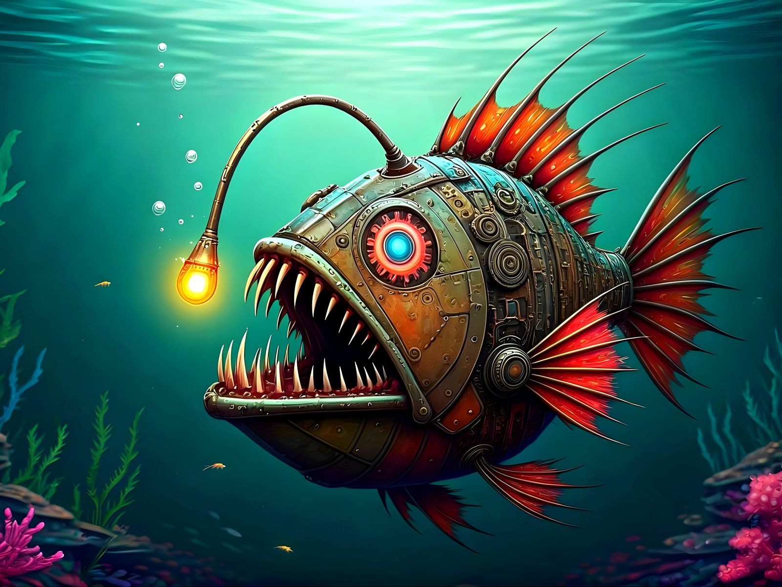 Neon Steampunk Angler Fish in Bioluminescent Ocean