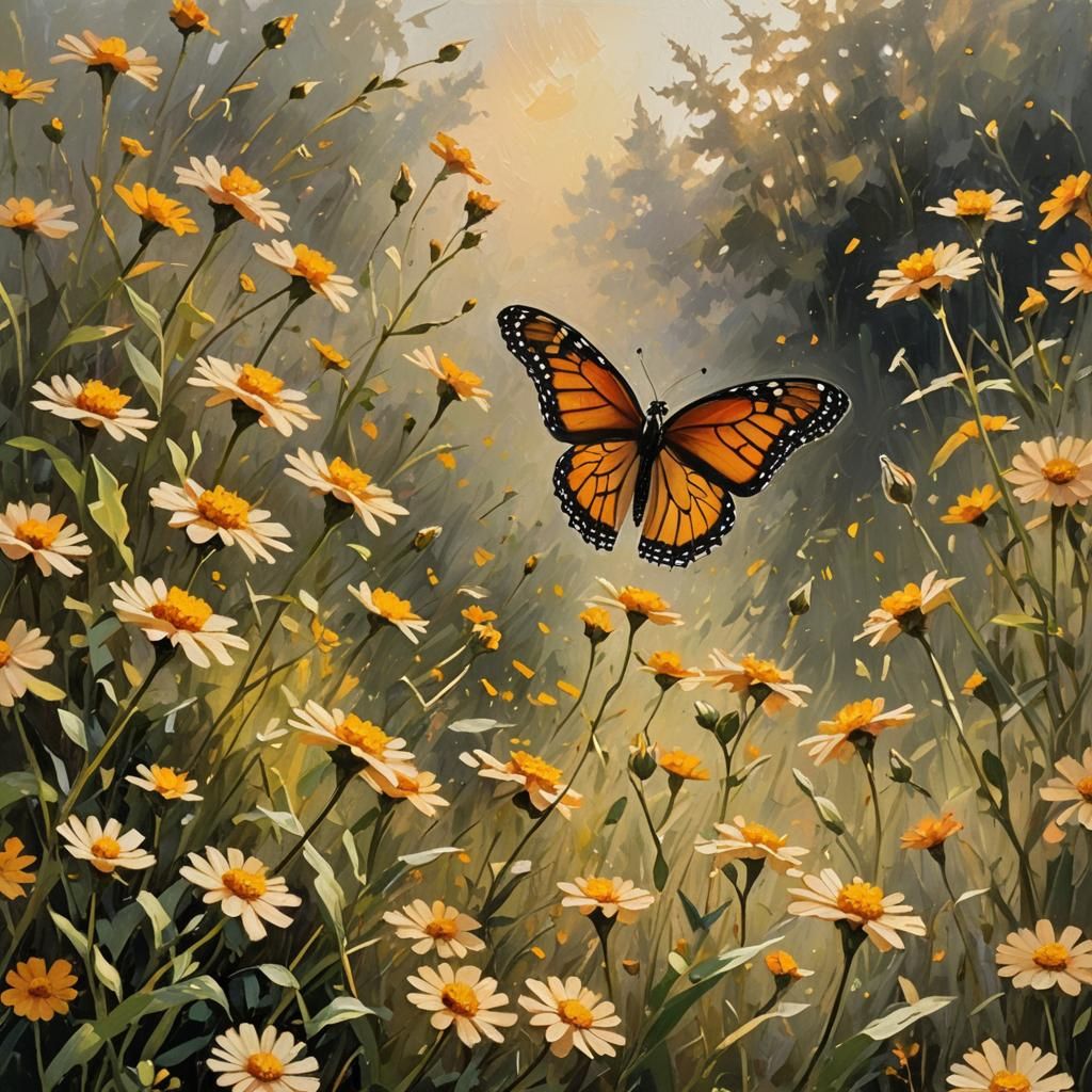 Monarch Butterfly in Flight: Impressionistic Oil Painting