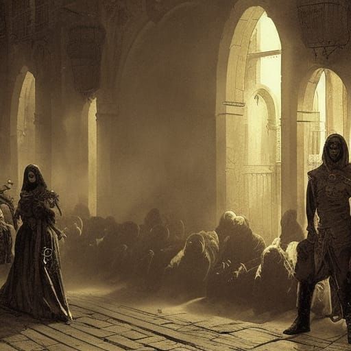 Outlaw Bikers Masquerade in a Castle, Horror Art