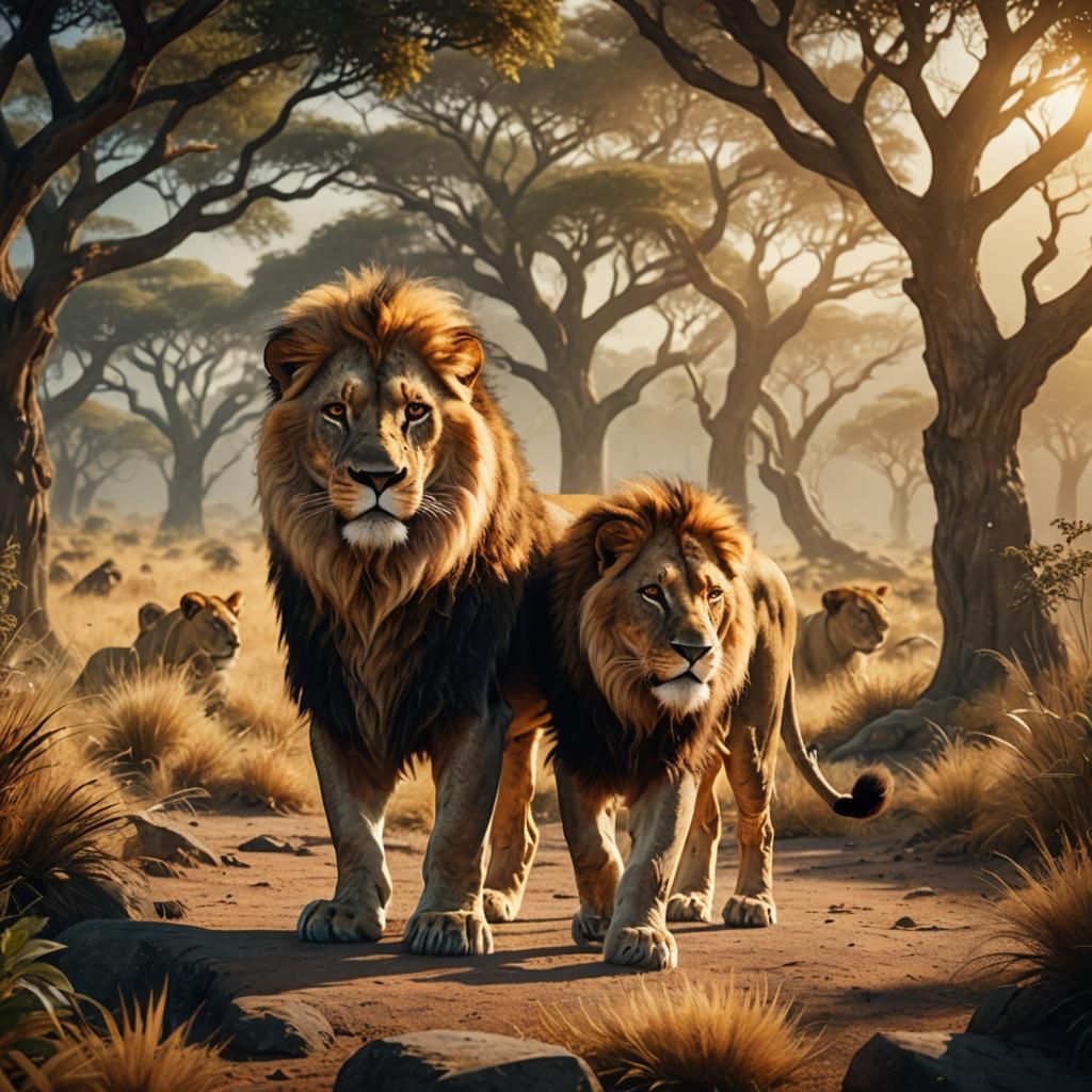 Lion Transformation in Mystical Savannah: Digital Matte Pain...