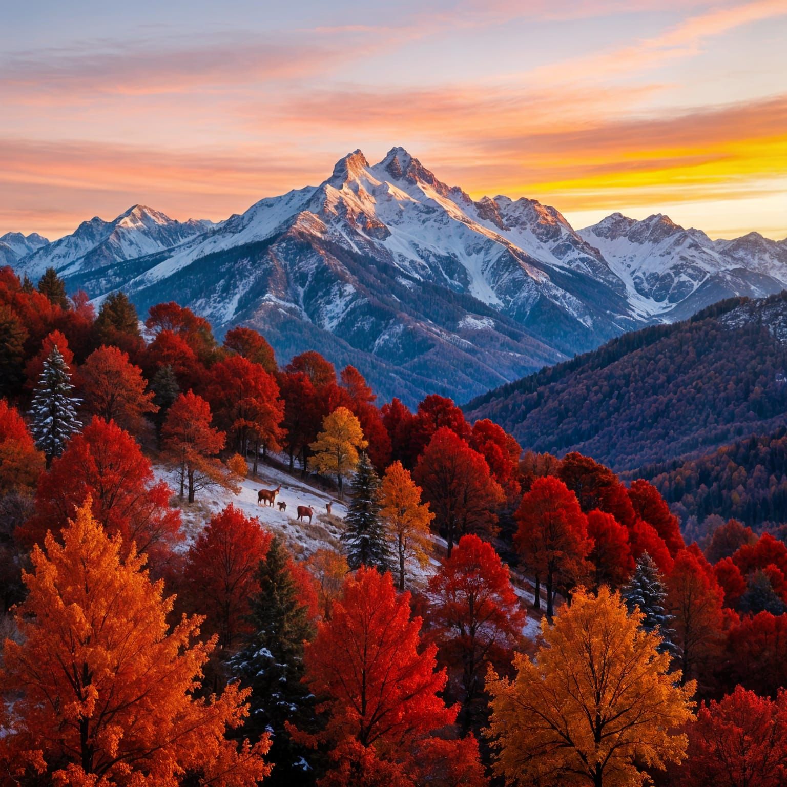 Autumn Mountain Landscape with Deer at Sunrise