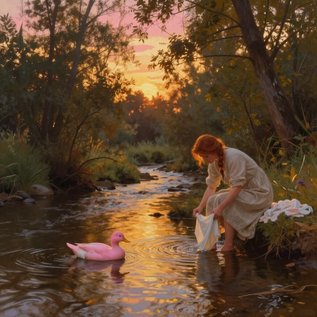 Golden Hour Forest Stream with Pink Duck and Woman