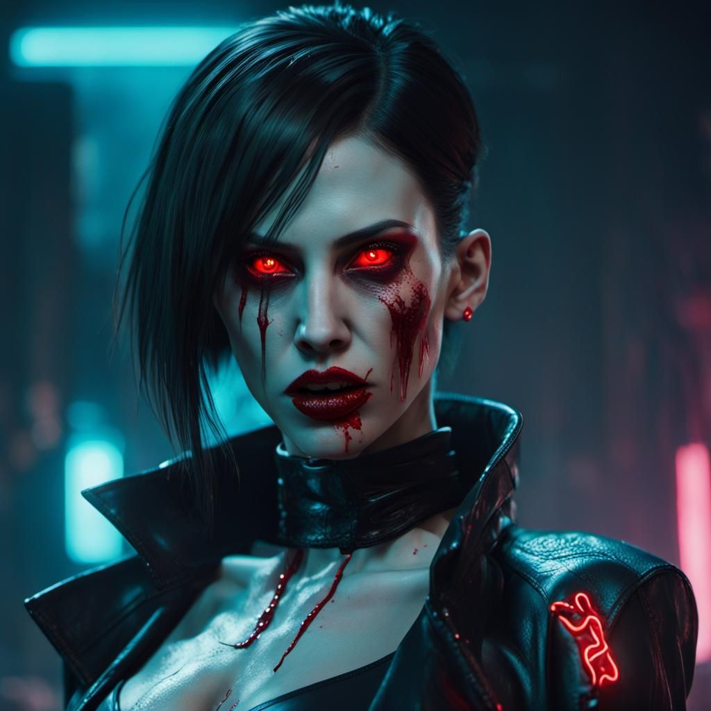 Vampire Woman with Cyberpunk Neon Aesthetic