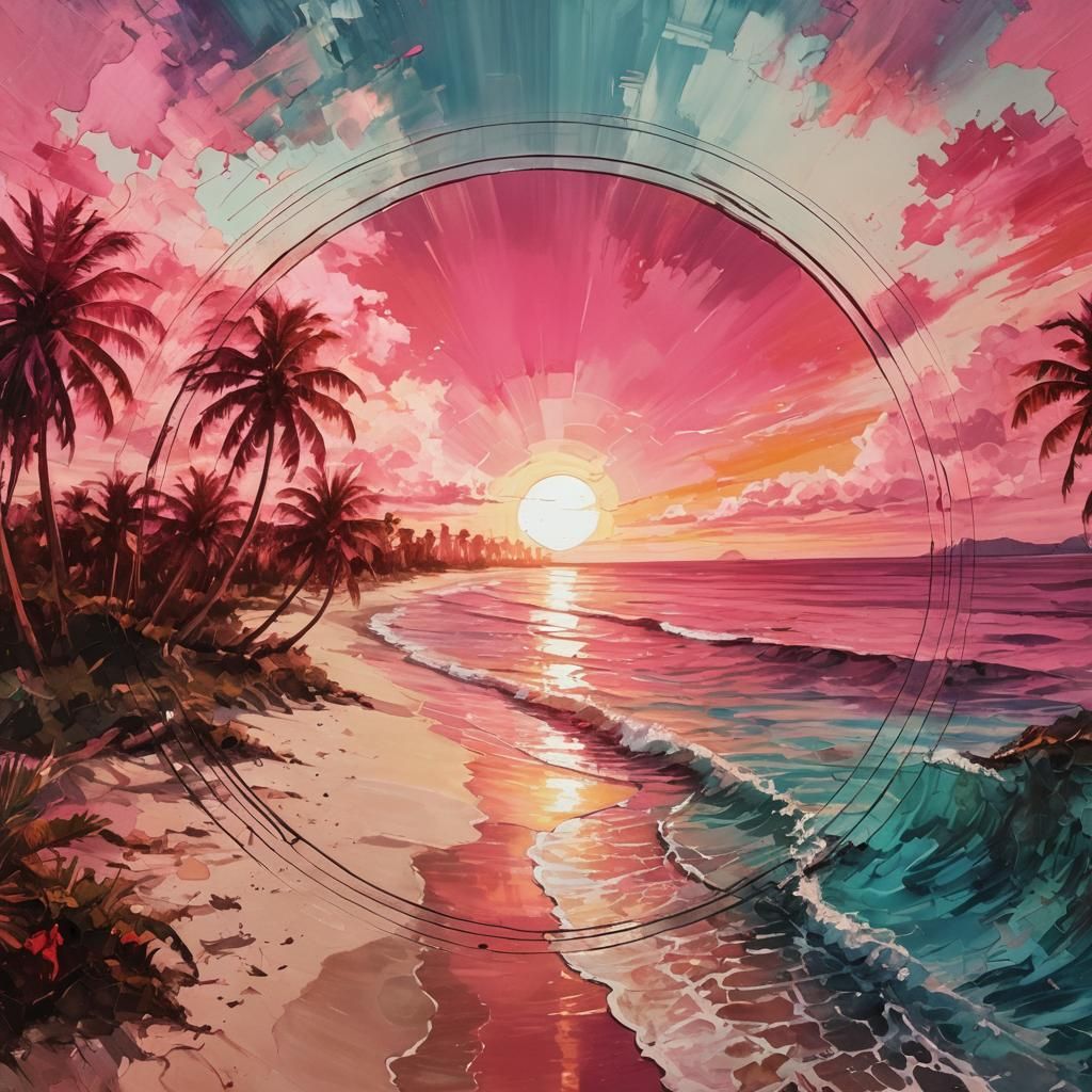 Pink Sunset Beach Scene in Pop Art Style