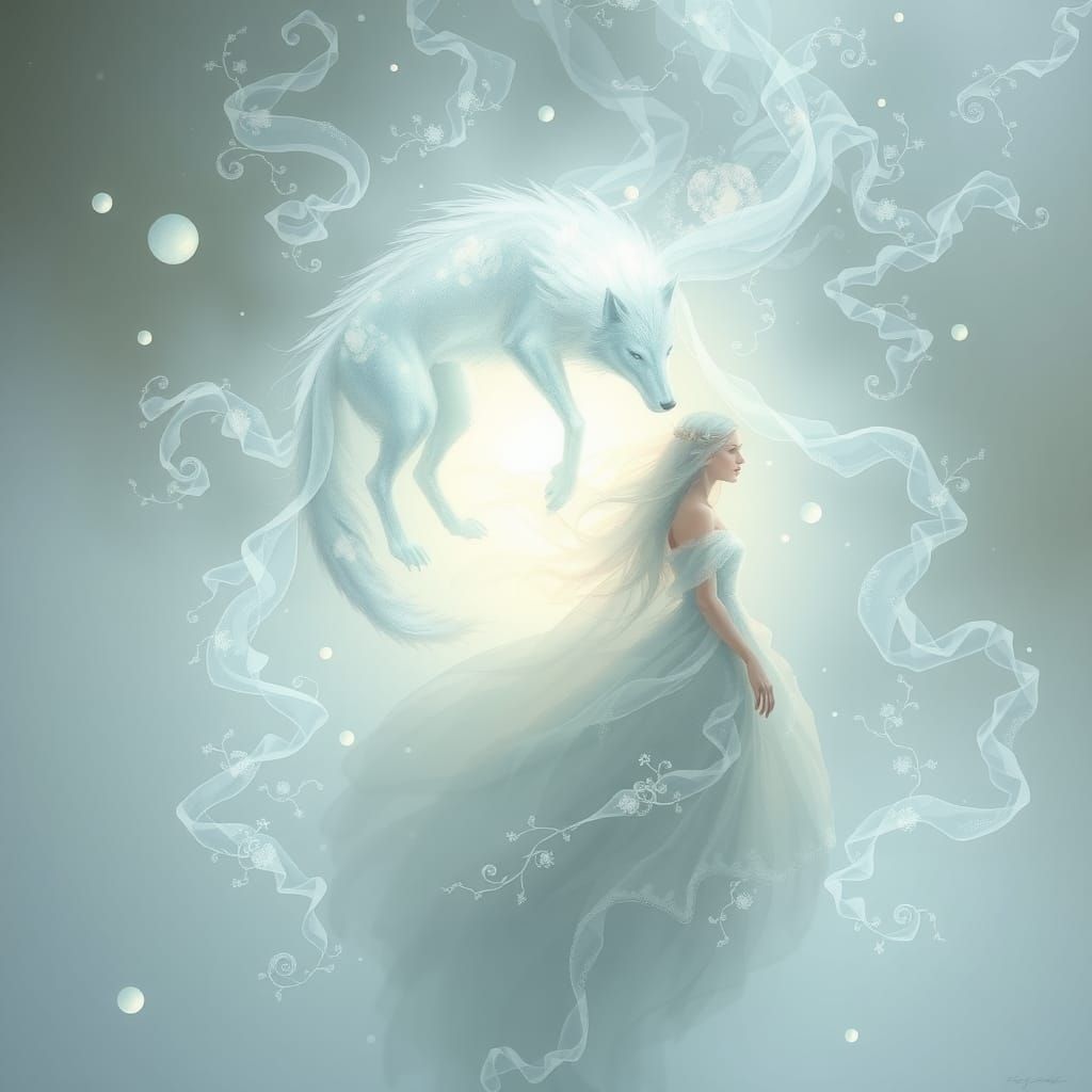Ethereal Ghost Wolf and Maiden in a Luminous Haze