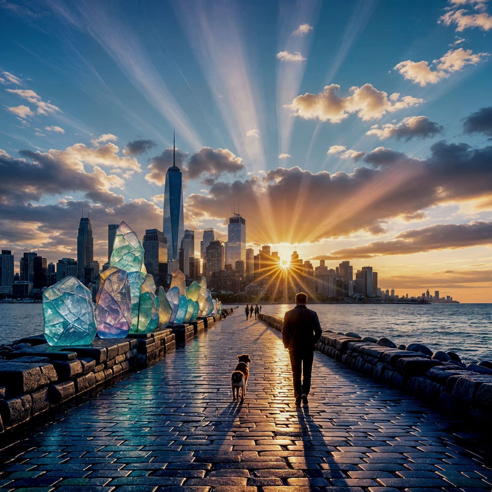 Iridescent Sea Glass Cityscape at Sunrise