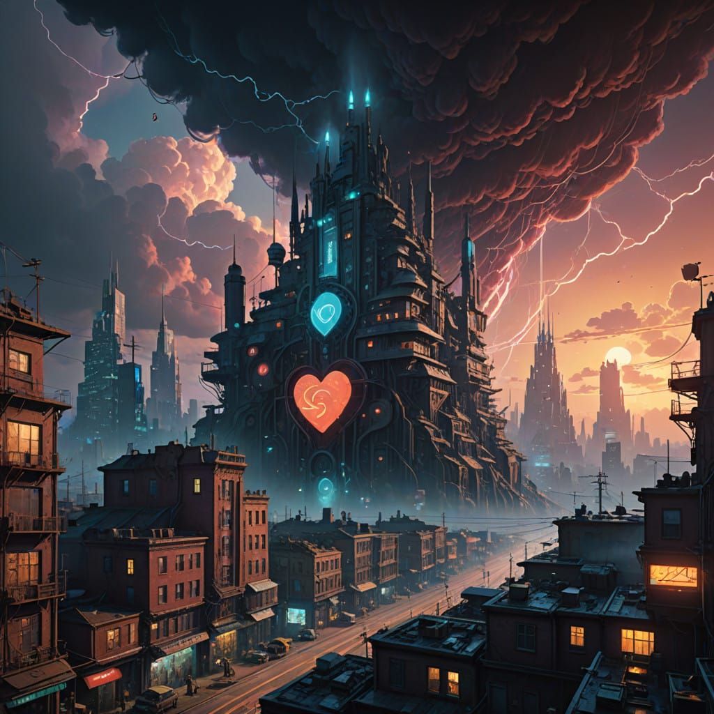 Seraphic Heart Over Dystopian Metropolis in Cyberpunk Fantas...