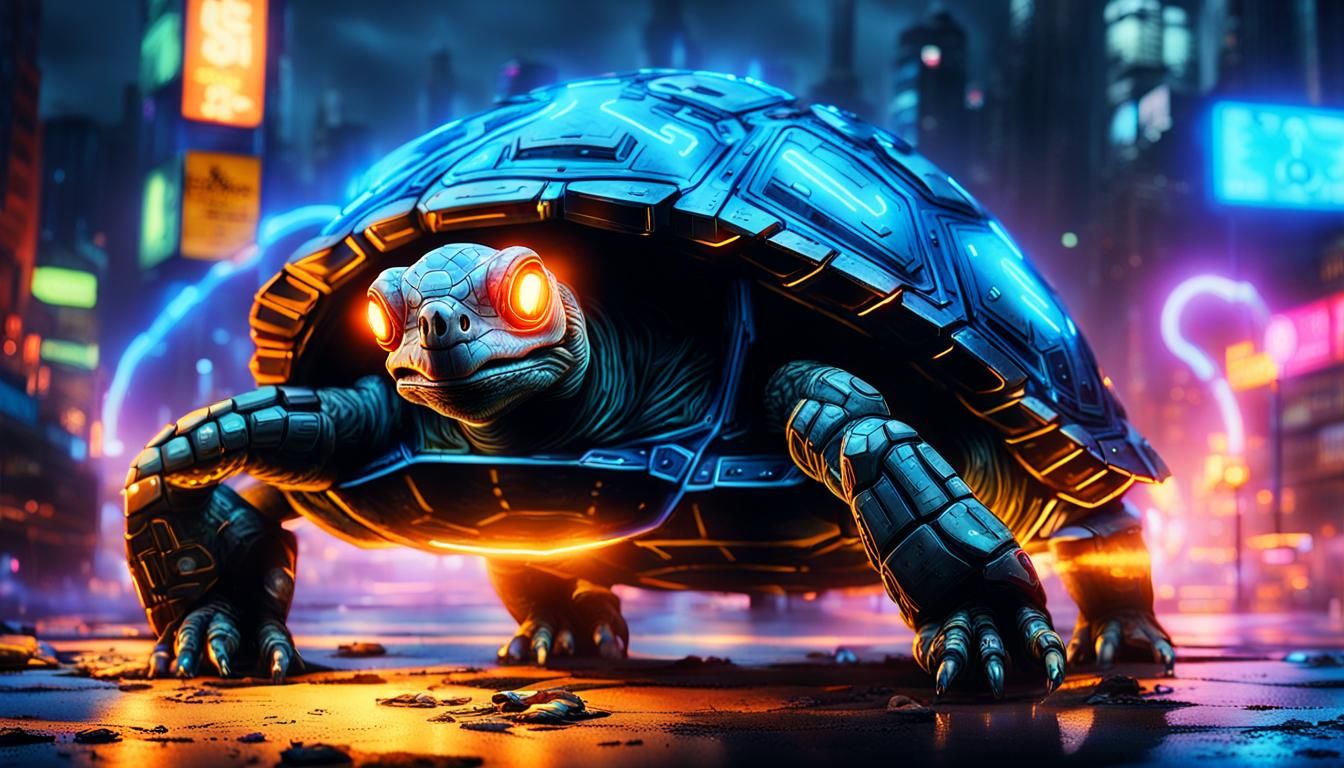 Cybernetic Turtle in Ruined Cyberpunk Cityscape