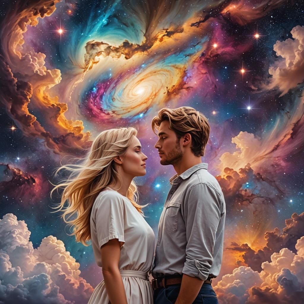 Lovers Embrace in a Galaxy of Vivid Colors