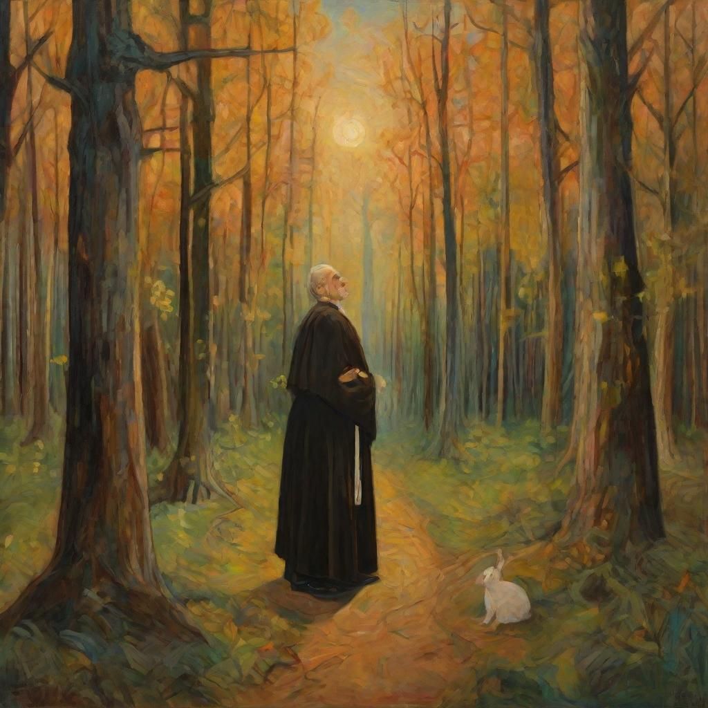 Priest Offers Wooden Cross to Wide-Eyed Rabbit in Mystical F...