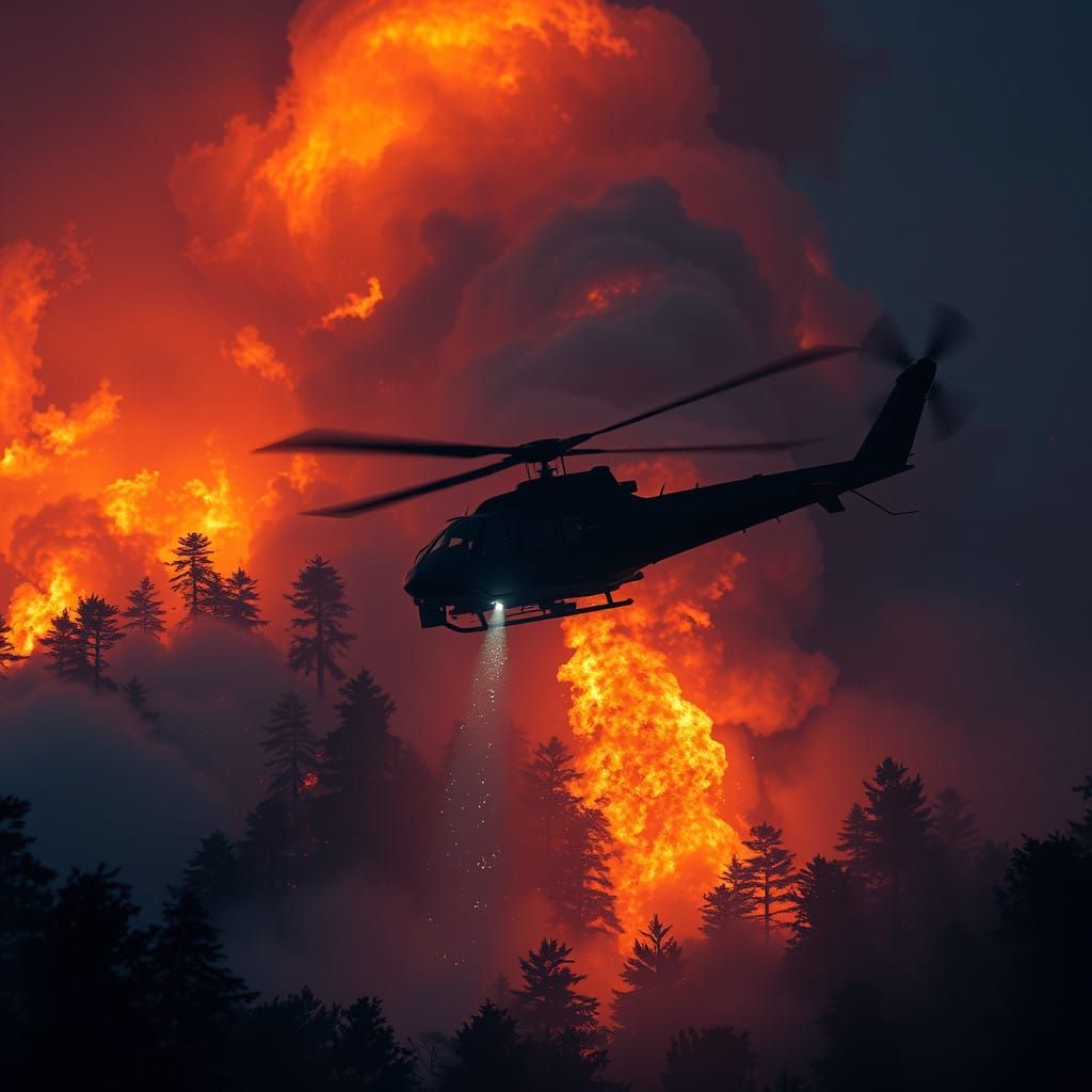 Dramatic Nocturnal Wildfire Scene with High-Tech Helicopter