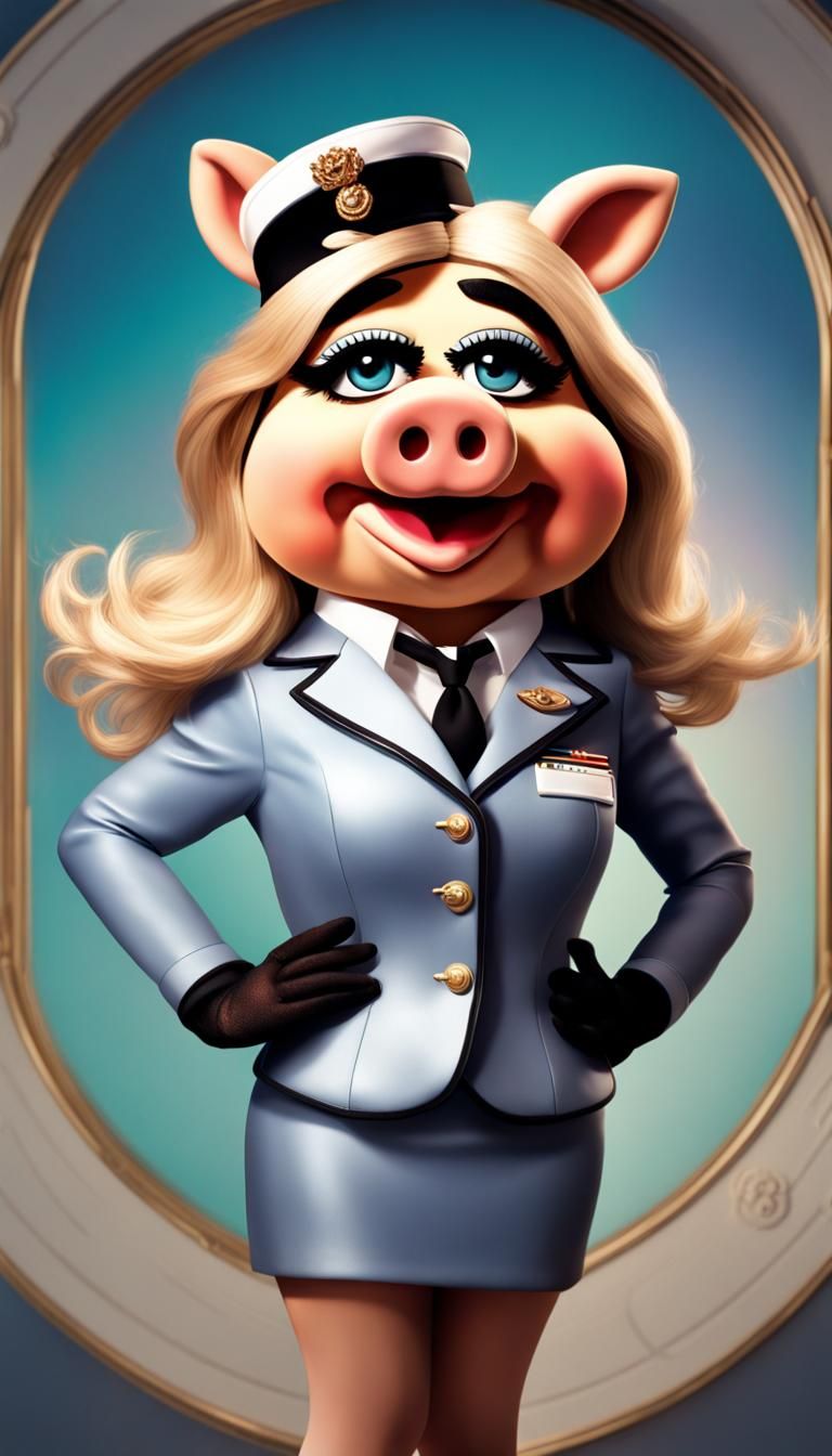 Miss Piggy as Flight Attendant: Hyperrealistic Portrait
