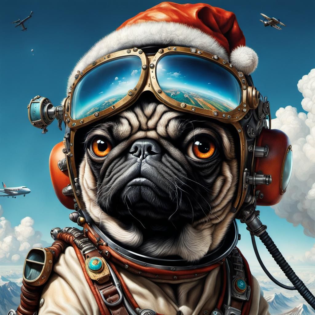 Badass Pug Skydiving in Steampunk Style