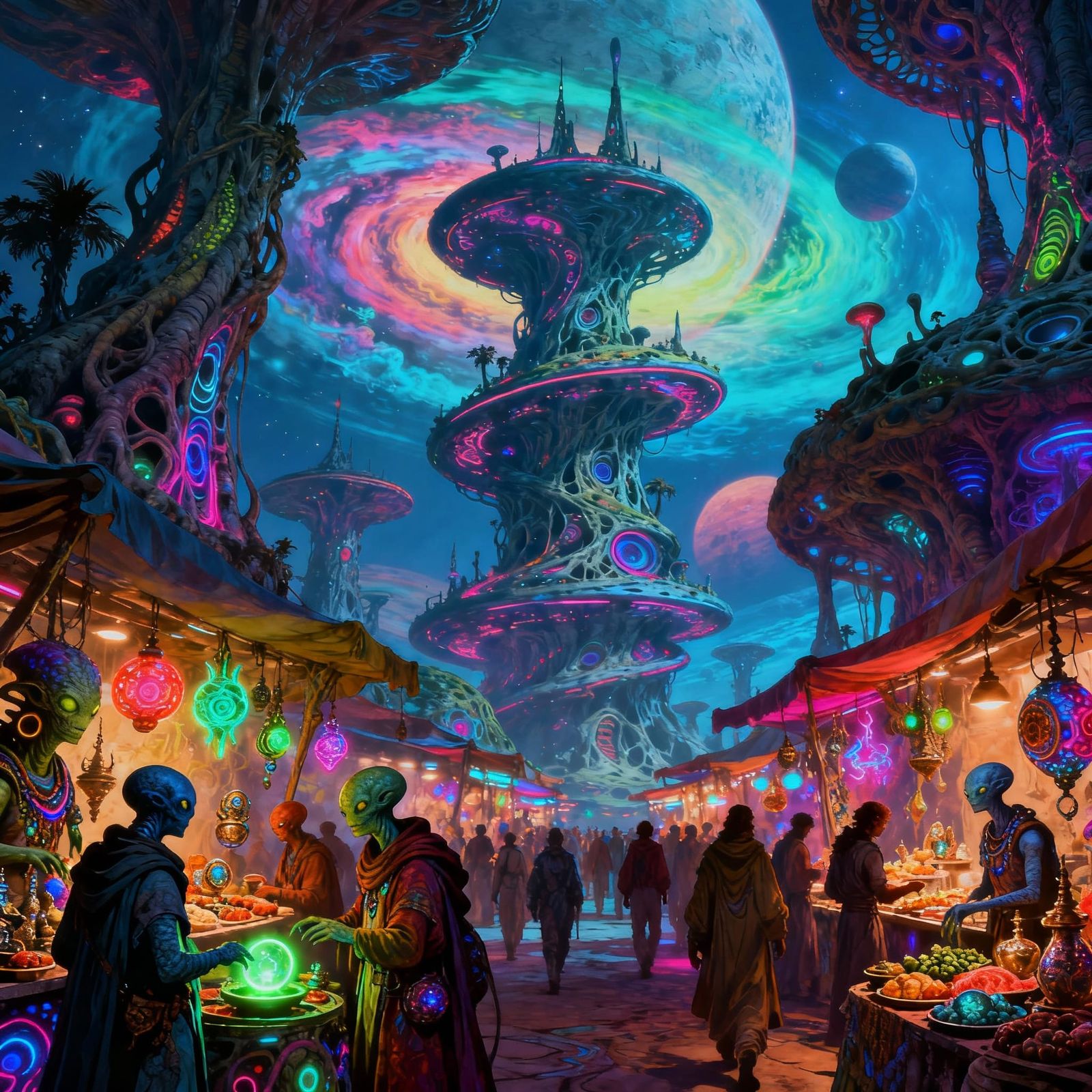 Alien Marketplace on Gas Giant Moon in Psychedelic Style
