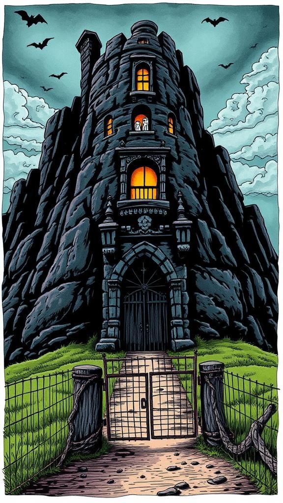 Spooky Haunted House Colored Ink Poster