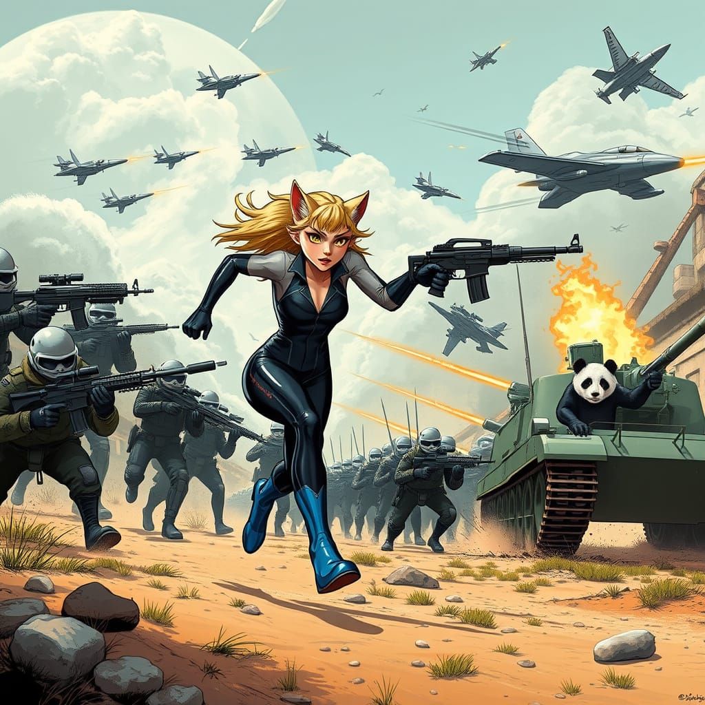 Feline Warriors Flee from Wolf Men in Cyberpunk Battle