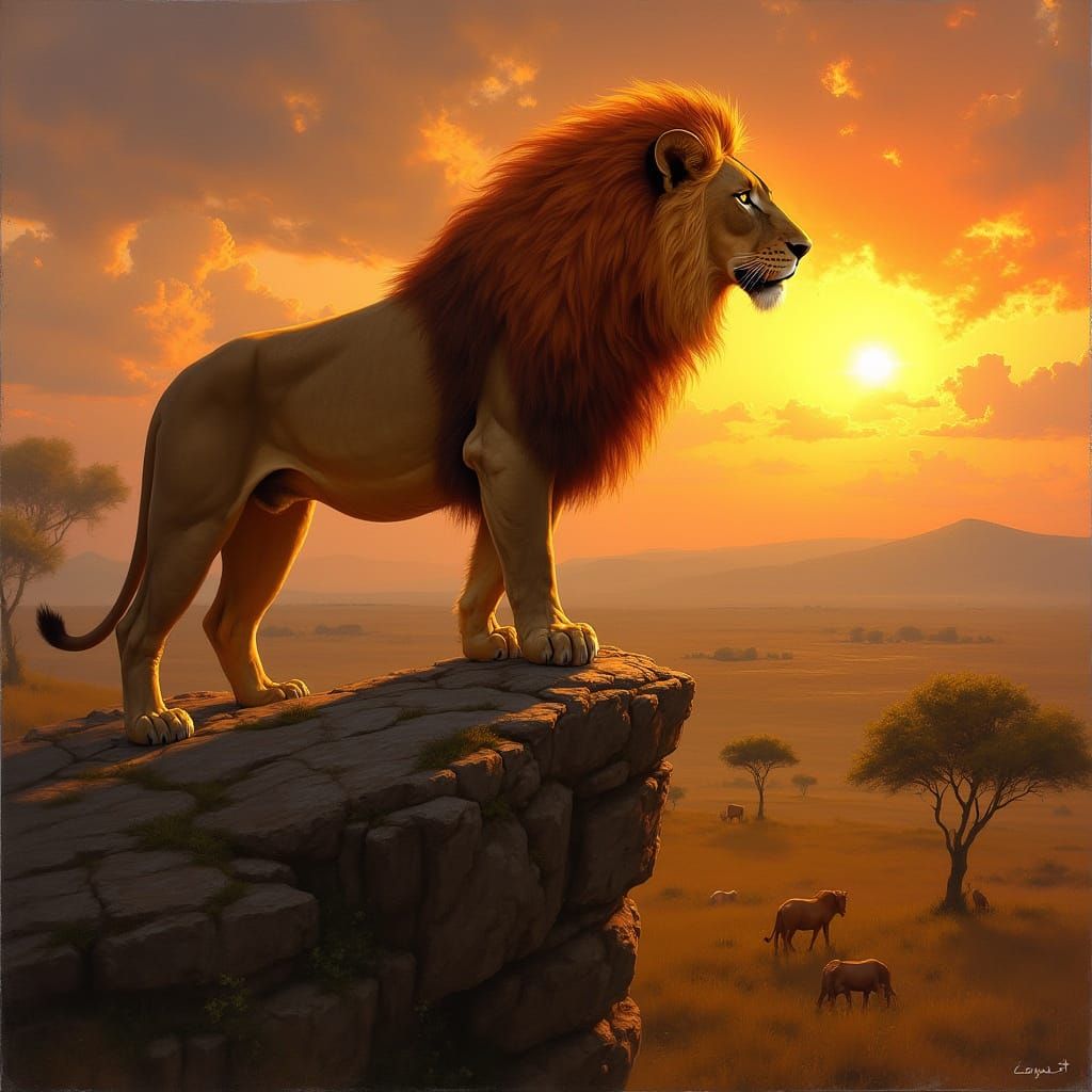 Lion on Cliff in Golden Light, Classical Oil Painting