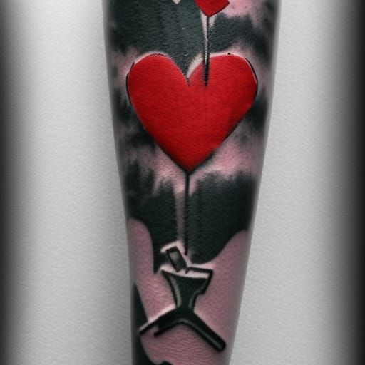 Banksy style tattoo, flowers and hearts, black and white and red, satire,