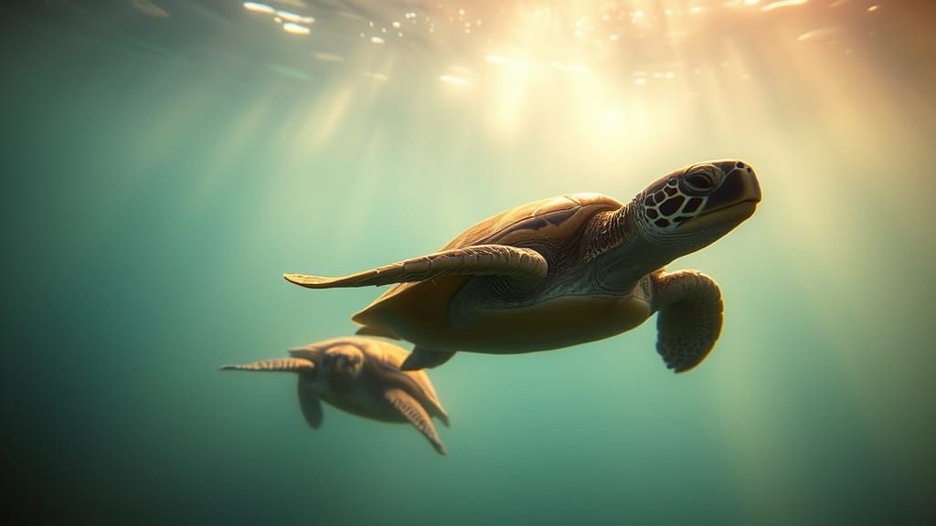 Sea Turtles in Dreamy, Golden Underwater Scene