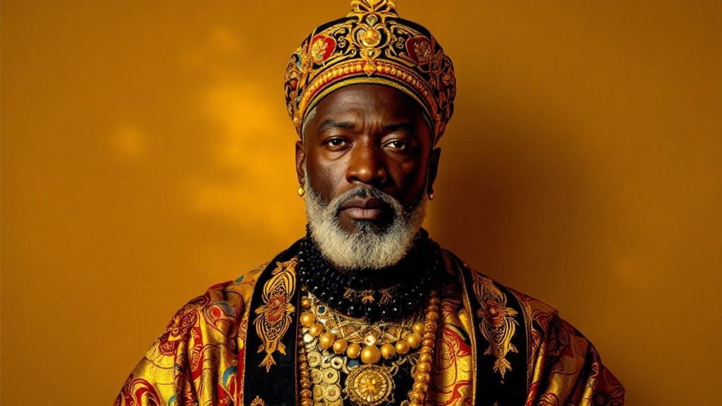 Regal Afrocentric Monarch in Opulent, Vibrant Attire
