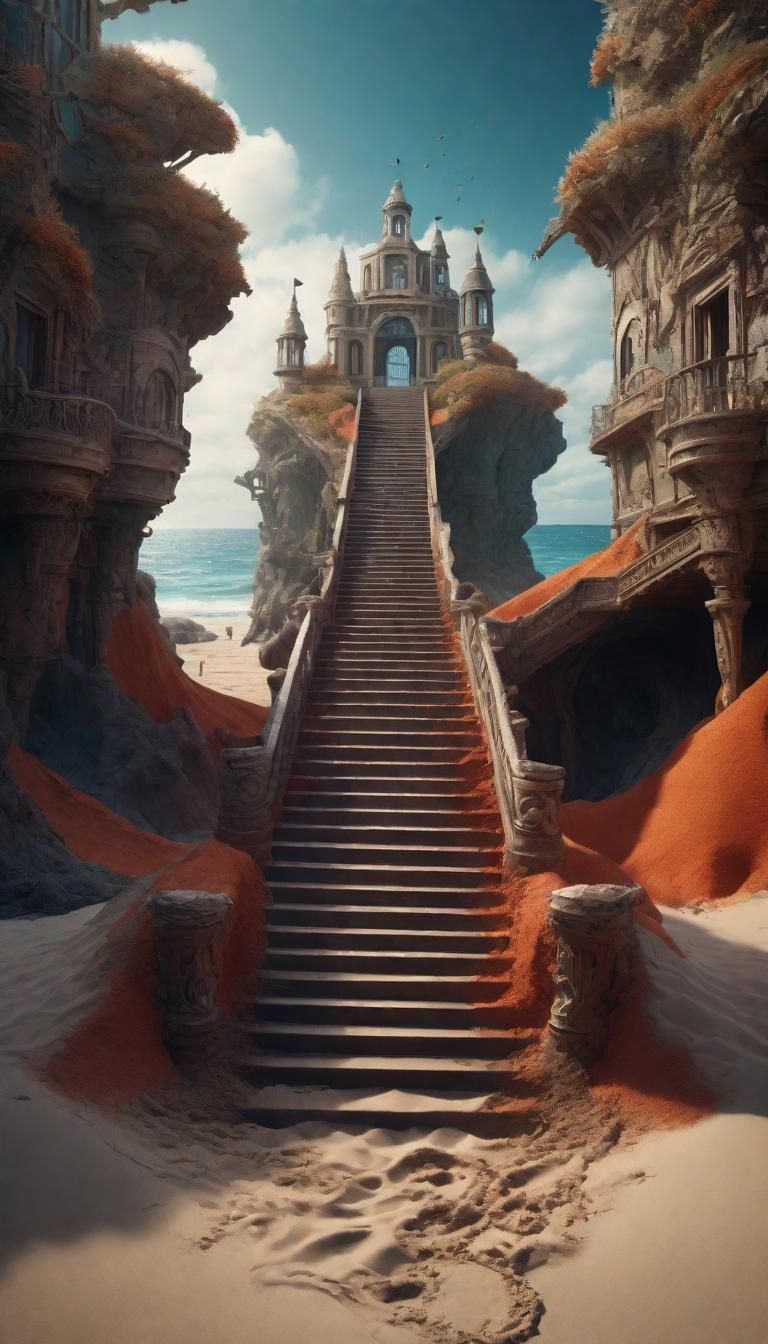 Staircase on a beach surrealism detailed matte painting, deep color, fantastical, intricate detail, splash screen, comp...