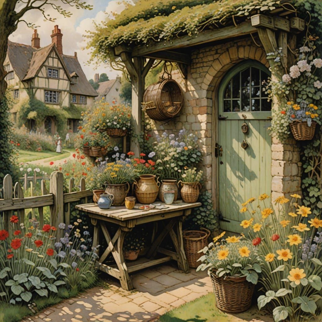 Whimsical English Cottage Garden Scene with Honey Jar and Wi...