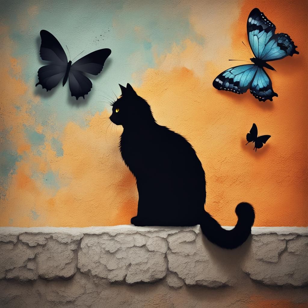 Fluffy Black Cat Watches Butterfly: Abstract Art