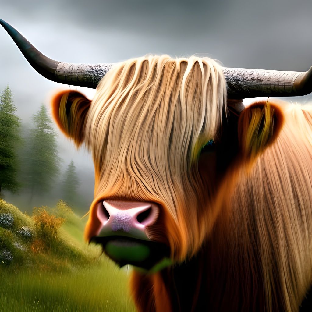 Detailed Highland Cow Digital Illustration