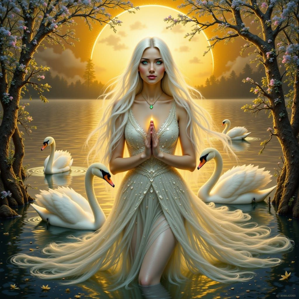 Mysterious Swan Goddess of Aurora in Golden Light