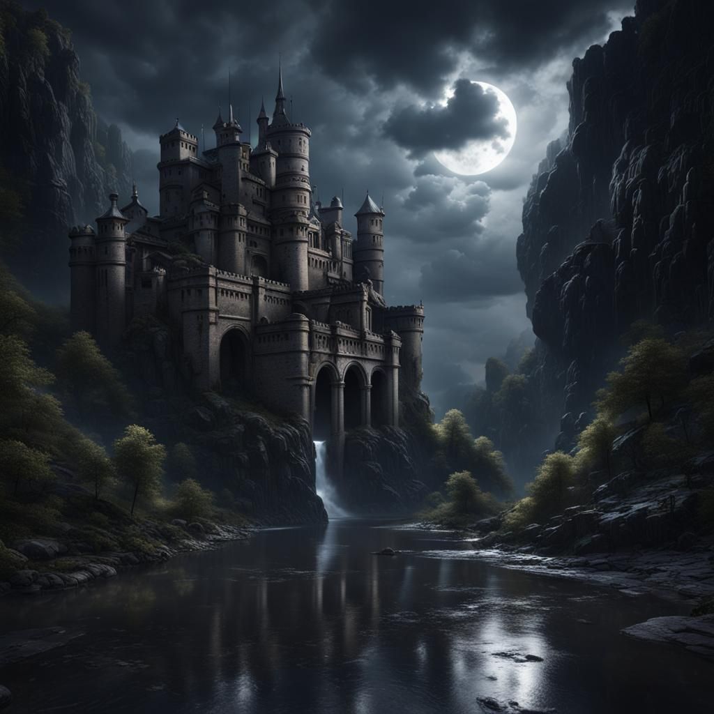 Black Marble Fortress in Stormy Ravine