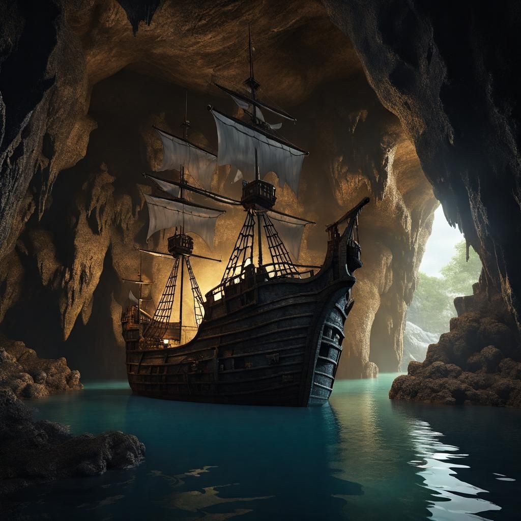 Pirate Ship Hidden in Secret Cave: Dark Fantasy Art