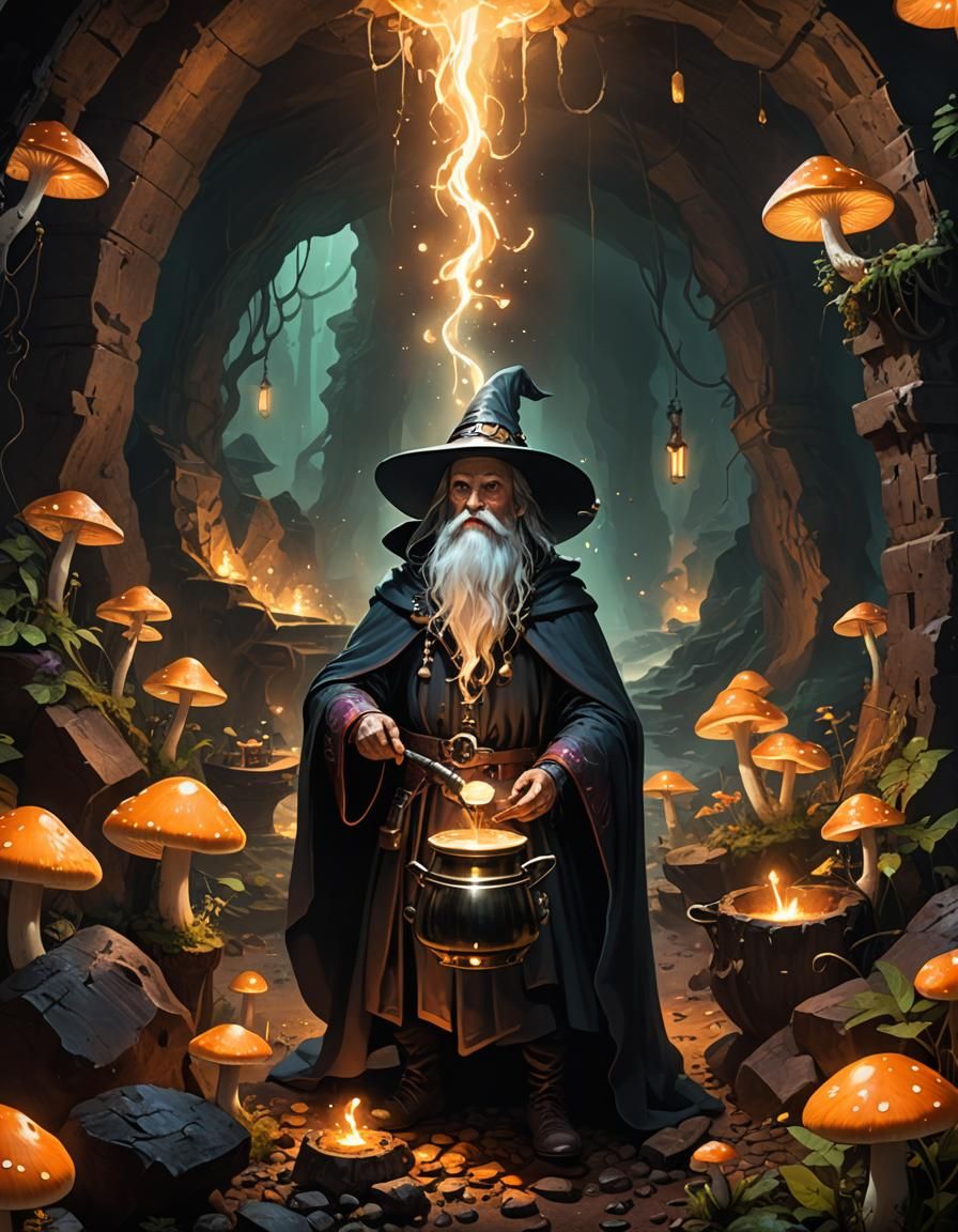 Wizard Brewing Coffee in Glowing Mushroom Cave