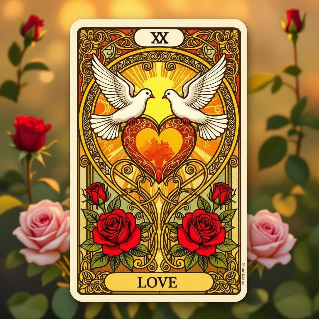 Art Nouveau Tarot Card of Love with Romantic Symbols