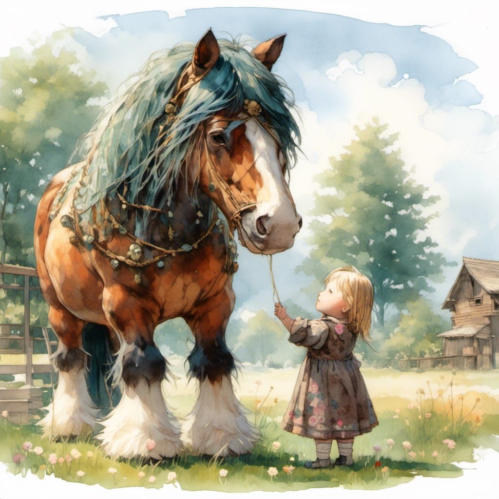 Shire Horse with Flower Necklace in Watercolor Style