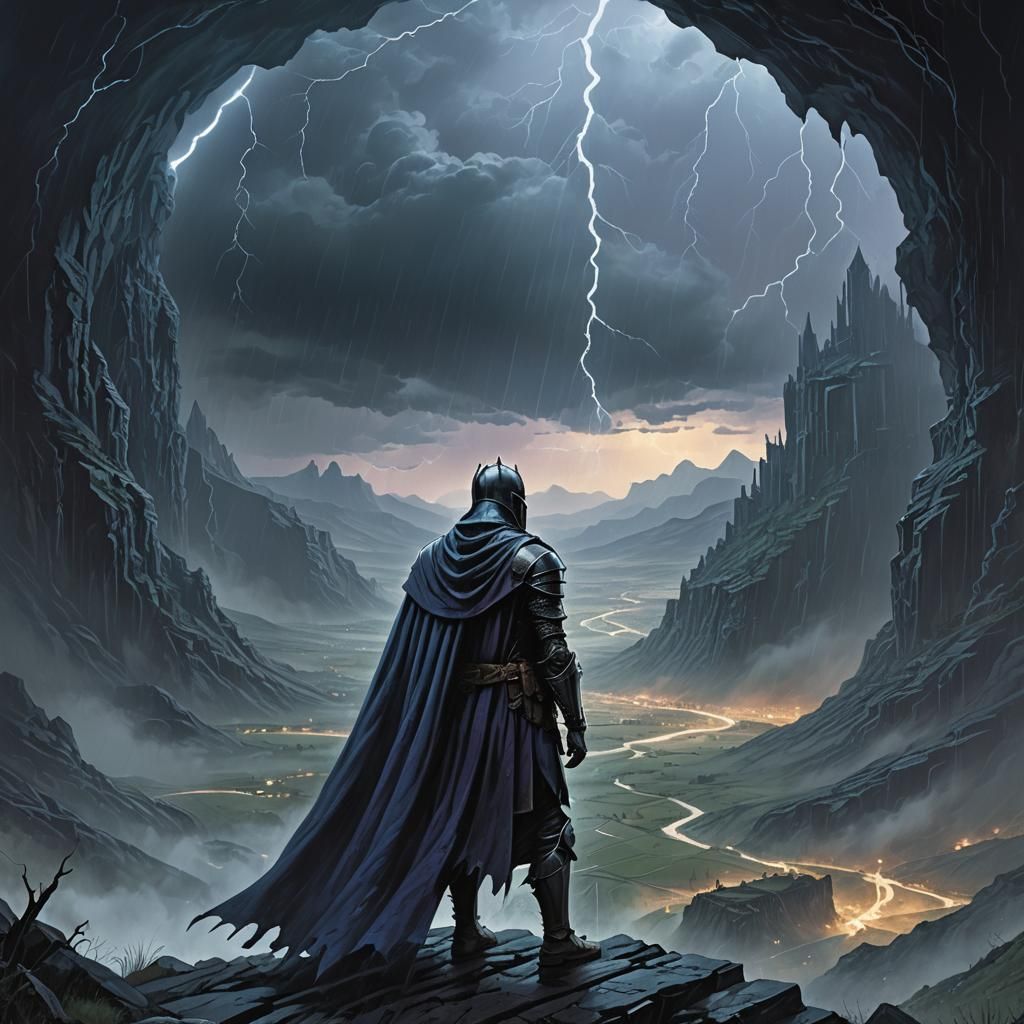 Cloaked Knight Stares into Stormy Valley