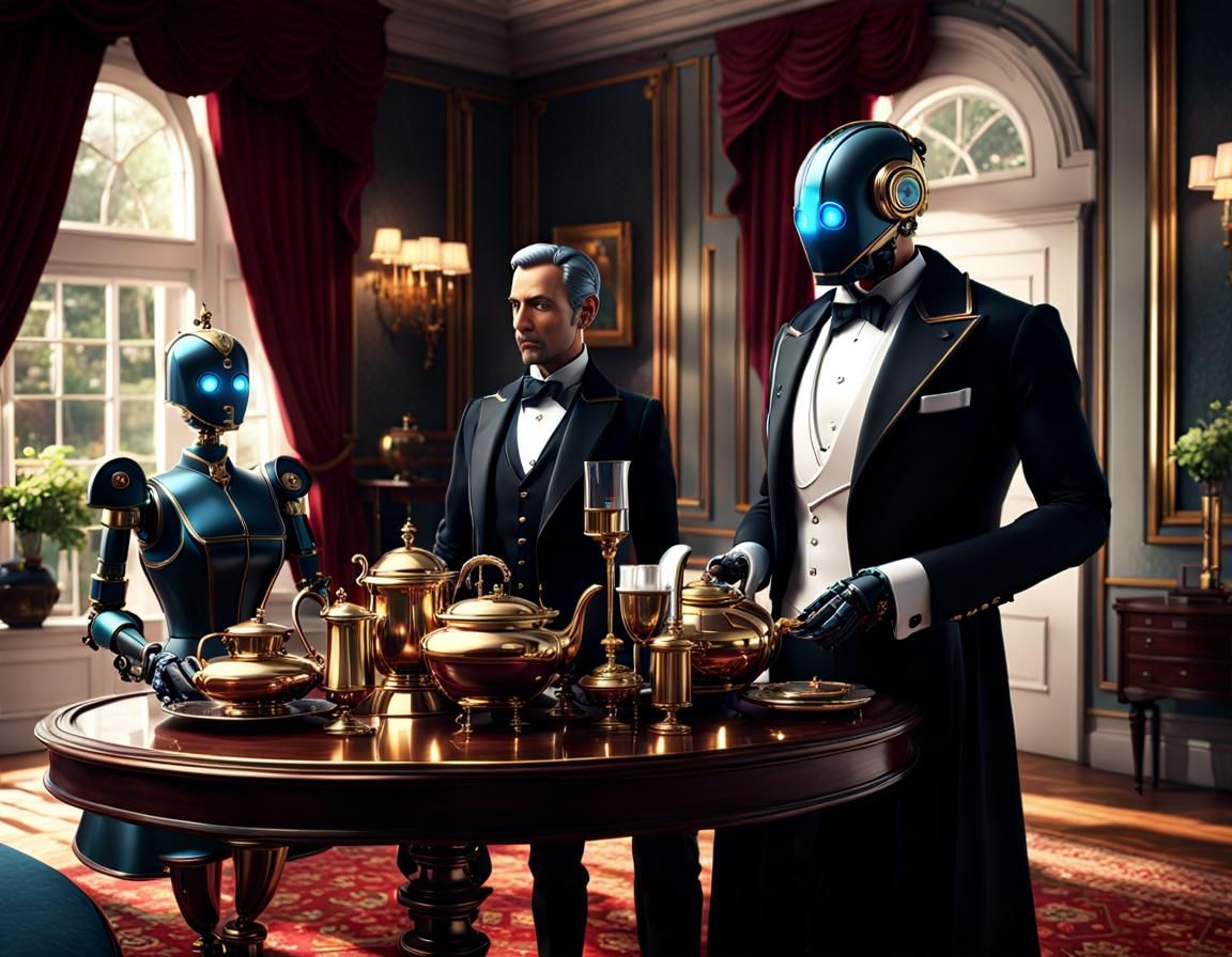 Robot Butler Serving Family in Victorian Manor