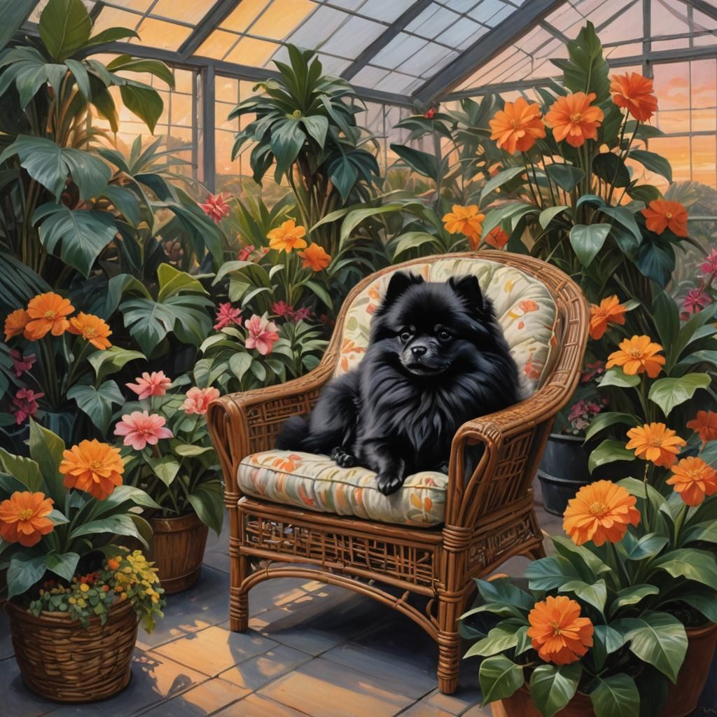 Black Pomeranian in Greenhouse: Oil Painting