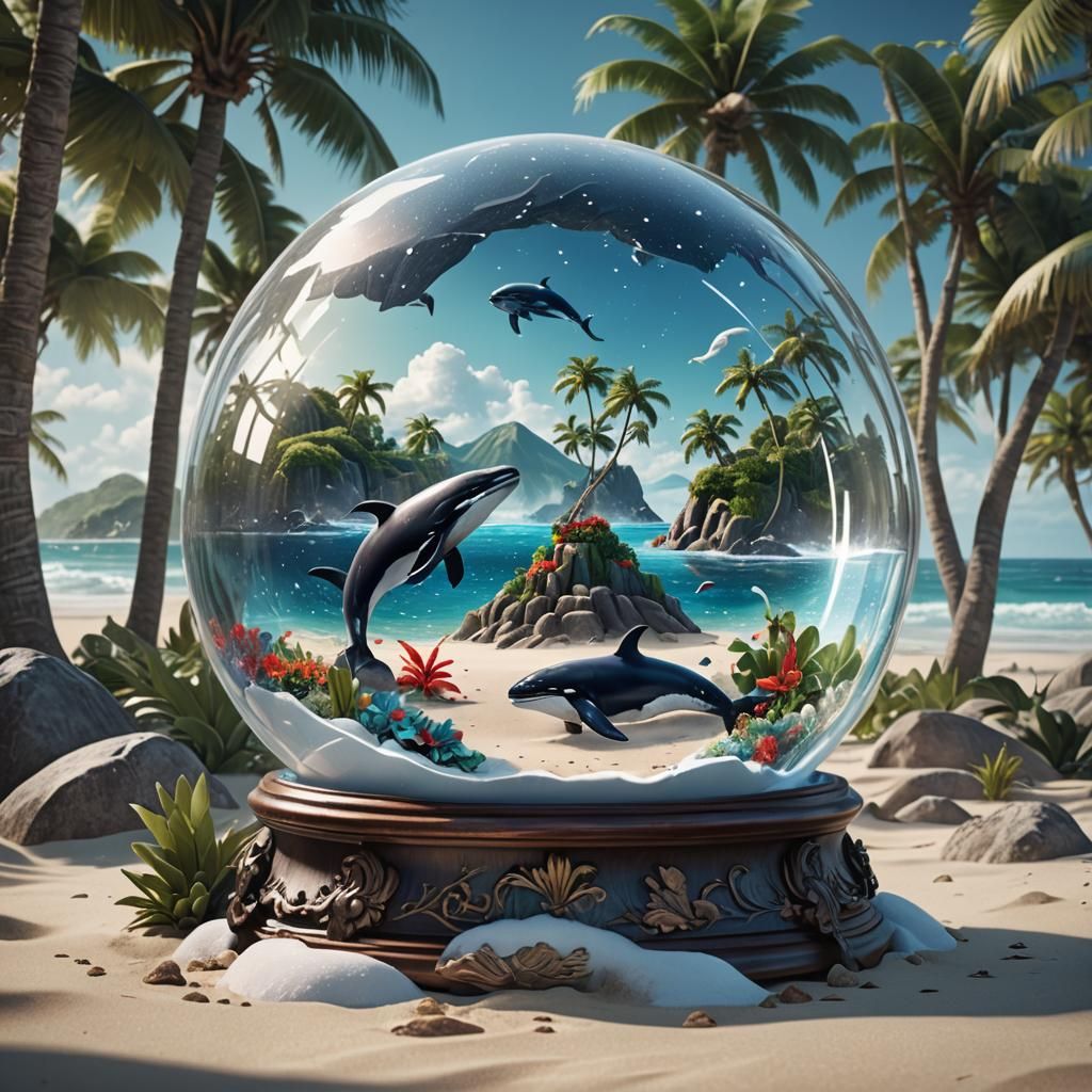 Humpback Whales in Snow Globe on Tropical Beach