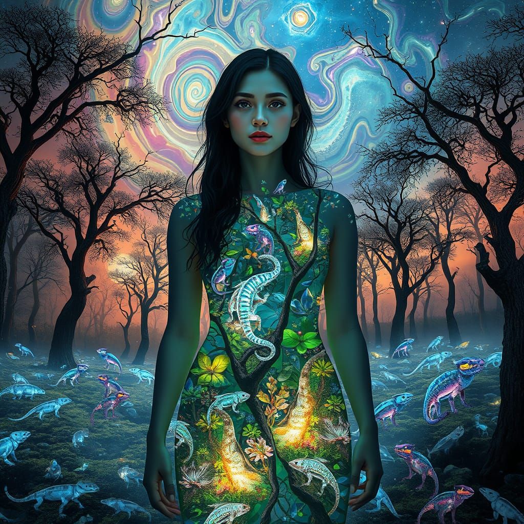 Surreal Ecosystem Woman in Shattered Glass Field