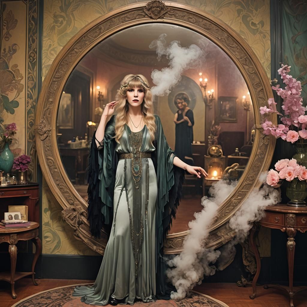 Enchanting Flapper Conjuring Spell in Art Nouveau Style