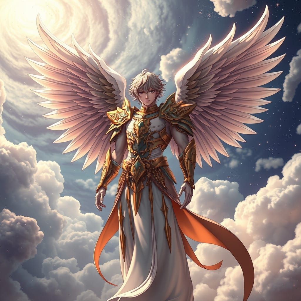 Divine Guardian of Heaven in Cyberpunk-Anime Style