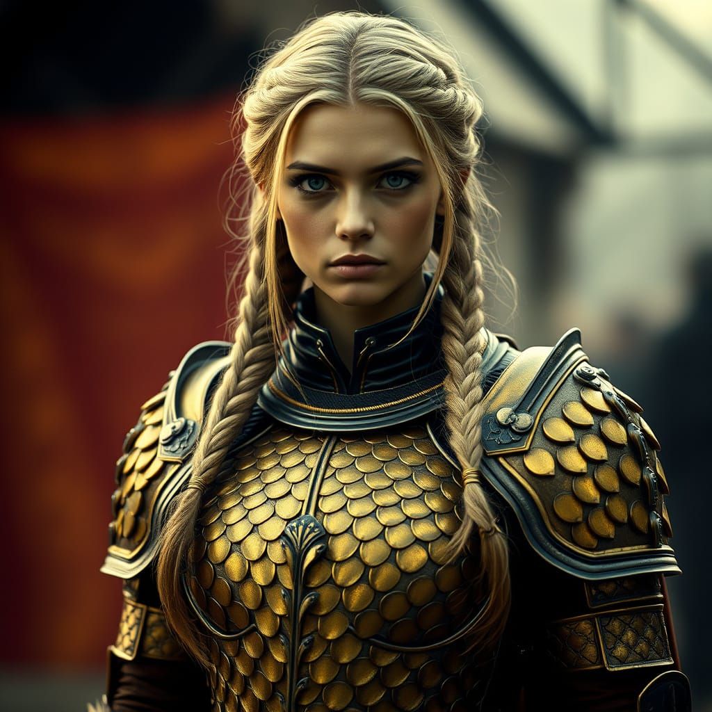 Golden Armored Russian Woman in Cinematic Lighting